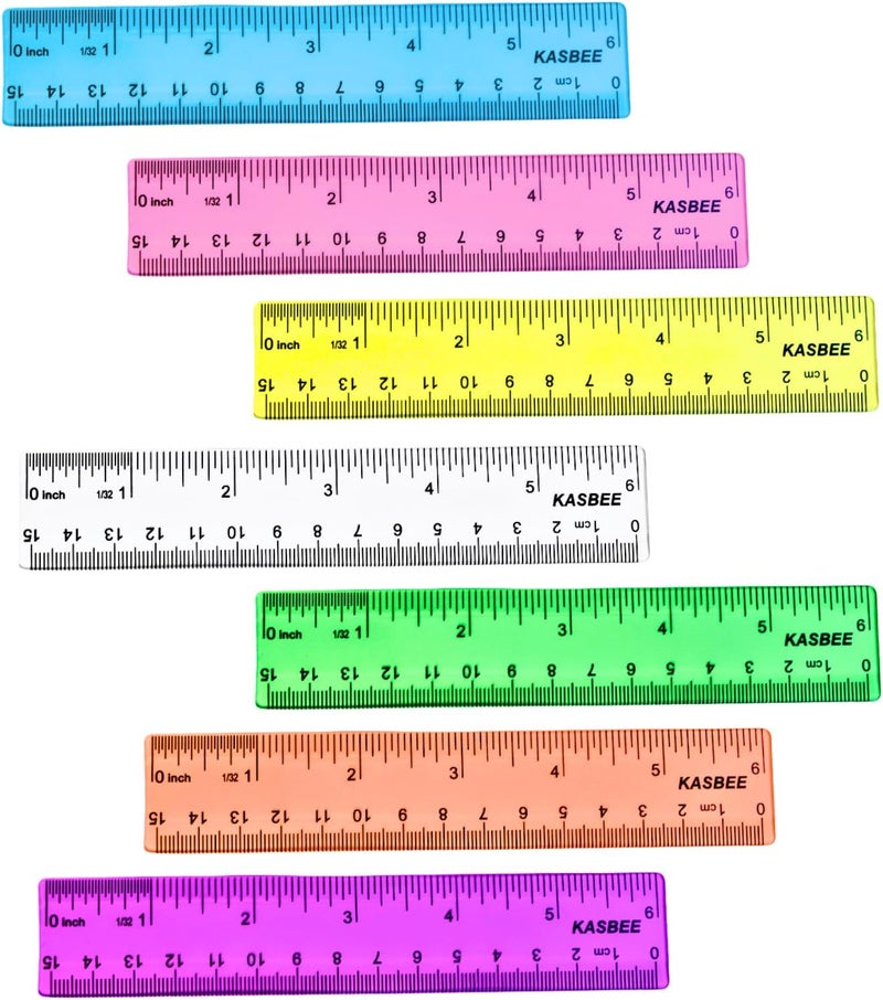 KASBEE 6 Inch Rulers, Colored Clear Rulers, Centimeters and Inches, Plastic Ruler for Kids, School, Home, Office, Pack of 7 - Image 1